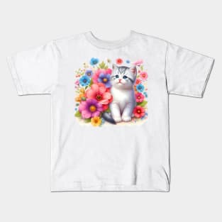 A cat decorated with beautiful colorful flowers. Kids T-Shirt